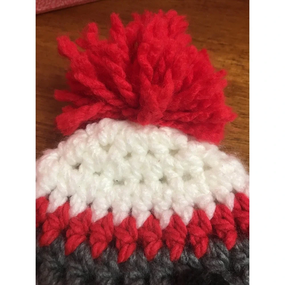 Hand Crocheted Sock Monkey Winter‎ Hat Red Grey